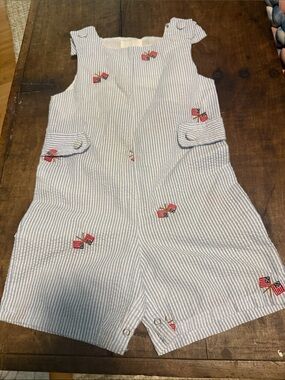 Girls' Blue & White Seersucker Romper with Red Flag Embroidery